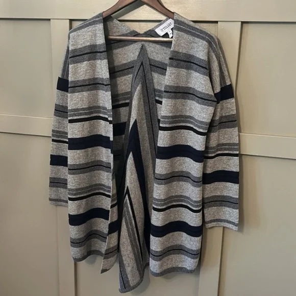 Derek Lam 10 Crosby Striped Wool Open Front Cardigan Sweater Gray Black Sz Large - Picture 7 of 11